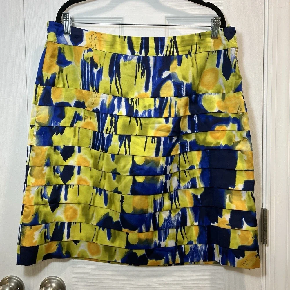 Calvin Klein Tiered A-Line Skirt Women's 16 Blue Yellow Printed Lined Floral